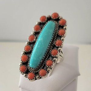RUNNING BEAR VINTAGE NATIVE AMERICAN UNISEX STERLING RING TURQUOISE CORAL SIZE 9